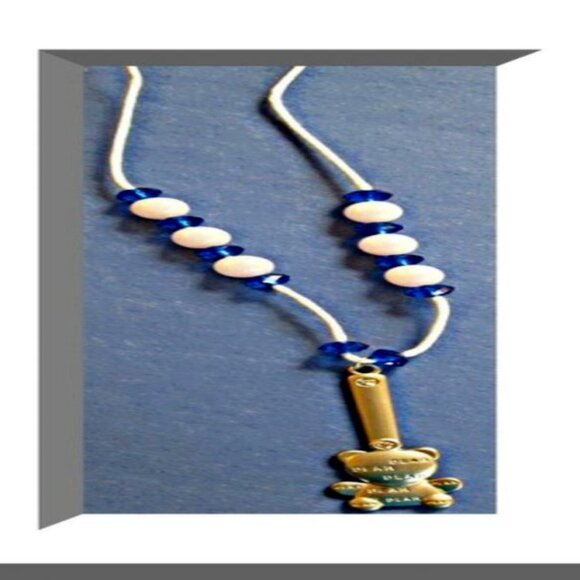 Handmade Exclamation/Teddy Bear Necklace With Blue & White Beads & White Rope - Picture 1 of 1
